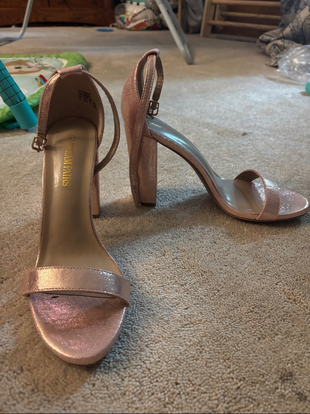 Metallic Rose Gold Block Heel Ankle-Strap Sandals